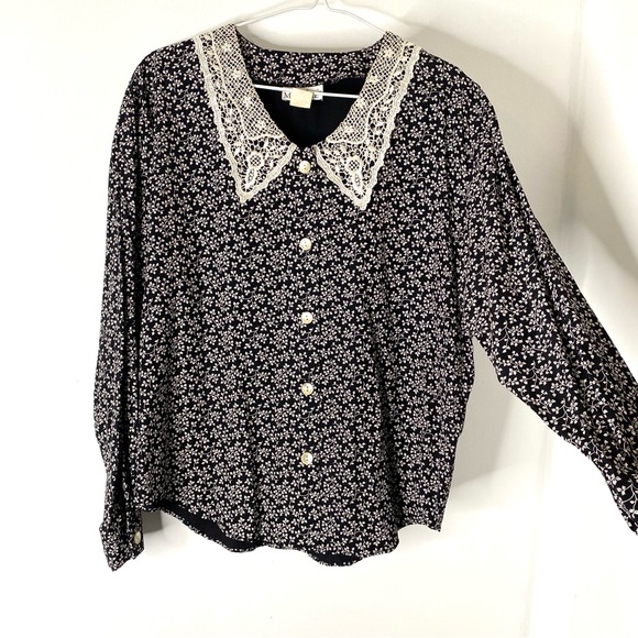 Vintage Lace Collar Black Floral Blouse - Picture 5 of 11